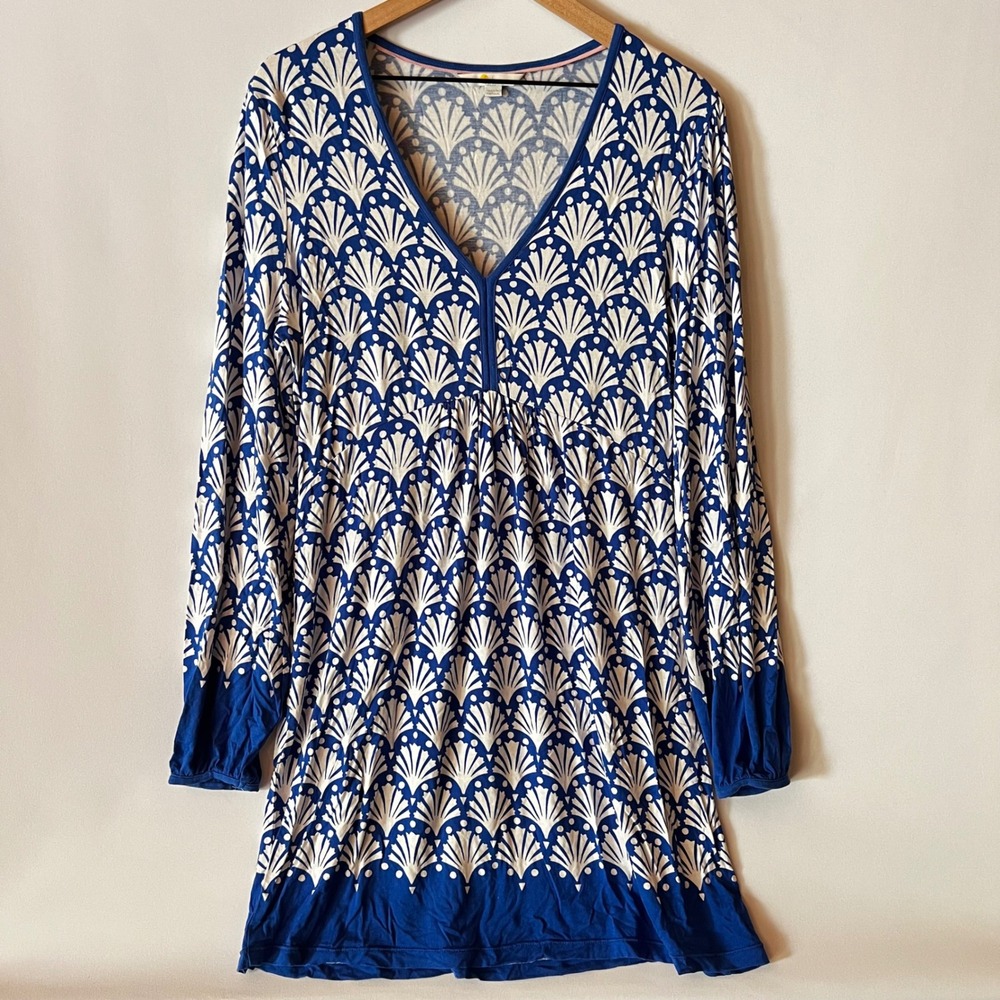 Boden Catherine Jersey Mini Dress Blue White Geometric Tile Mosaic Print Size 10